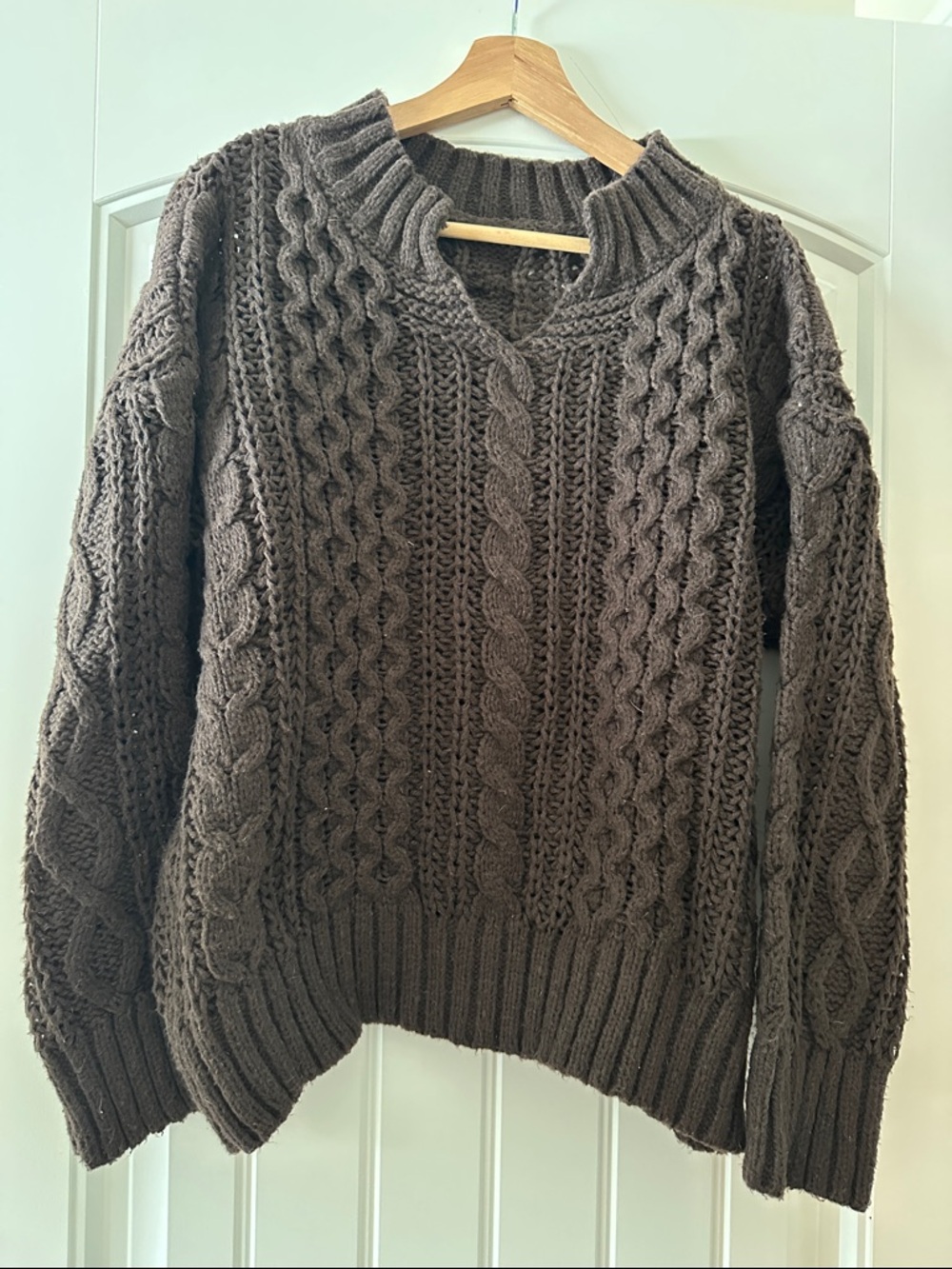 Amazon Women's Brown Cable Knit V-Neck Sweater